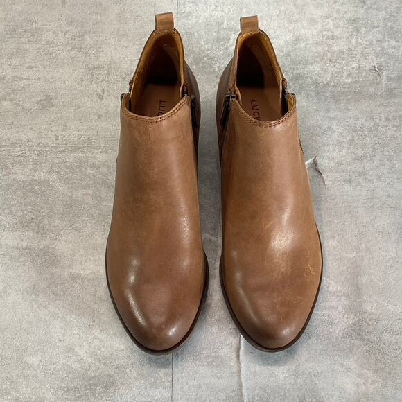 LUCKY BRAND Women's Toffee Barillos Leather Basel Double Side-Zip Block-Heel - Picture 4 of 13